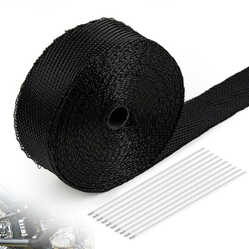 10M Hitzeschutzband Auspuff, Auspuff Dichtband mit 10 Kabelbinder Edelstahl Auspuffband Hitzeschutzband Schwarzes Auspuffbandage für Fächerkrümmer Motorrad Auto Traktor