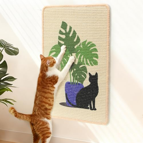 FUKUMARU Sisal Cat Scratching Mat, 23.6 x 15.7 Inch Natural Sisal Cat Scratch Pad Mats for Indoor Cats, Horizontal Cats Wall Scratcher Kitten Floor Rug with Sticky Tapes, Furniture Protector(Monstera)