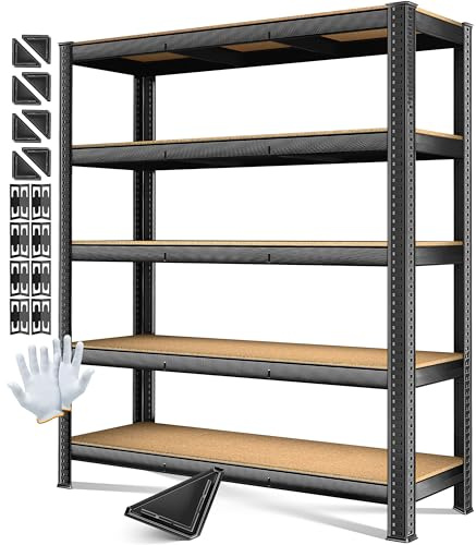 MASKO Scaffale portaoggetti per carichi pesanti, 180 x 160 x 60 cm, carico massimo: 1500 kg, 5 ripiani regolabili, pannelli in MDF in metallo, ripiano ad innesto, scaffale da officina, struttura in