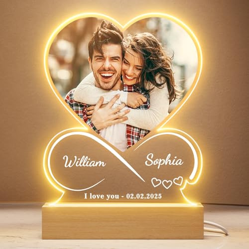 Bemaystar Lampada Personalizzata Con Foto - Cornice Cuore con Foto e Nomi – Regalo San Valentino per Donna e Uomo Coppia – Regalo Personalizzato per Lui e Lei, Compleanno o Anniversario Natale