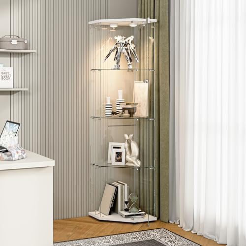 Zorvani Vetrina angolare in vetro a LED, vetrine in vetro 4 ripiani 1 ante, mobile vetrina vetri serratura armadio in vetro vetrine a cinque angoli per soggiorno per oggetti da collezione, vino