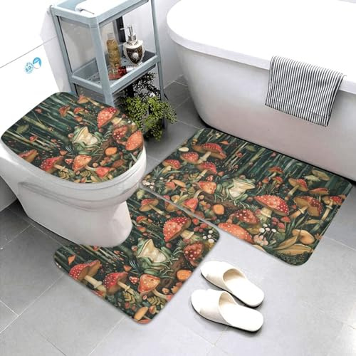 3 Piezas Juego De Alfombra De Baño Estampado De Ranas Y Setas Árbol Rústico Colorido Juego De Alfombrillas De Baño Absorbentes Cómoda Alfombras De Cama, para Dormitorio, Cocina, Bathroom