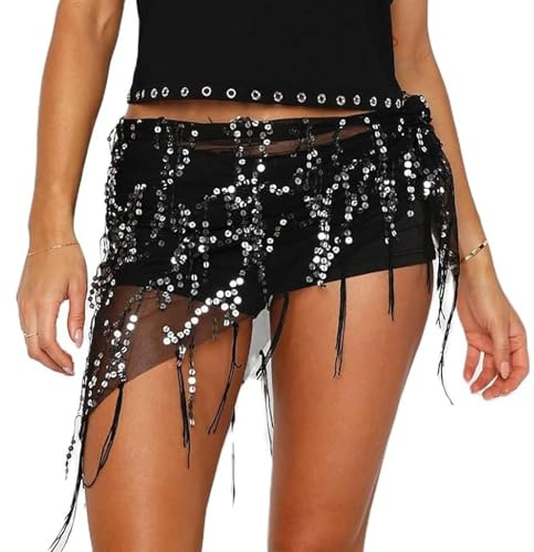 Acrawnni Women Belly Dance Hip Scarf Sequin Tassels Triangle Tribal Wrap Skirt Waist Chain Dancing Scarves Costumes Waist Scarfs (A-Black, ONE Size)