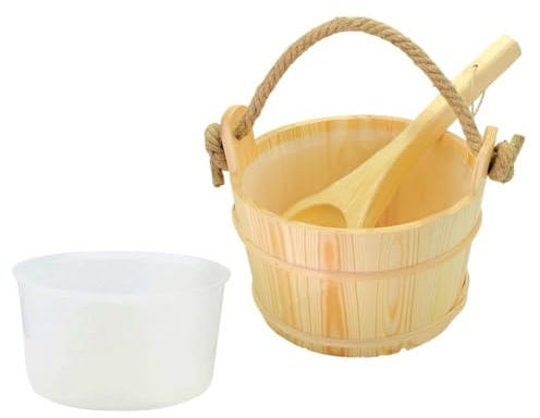 Manillefu Gran trä bastu hink och slev set, 6 L kapacitet med foder och rephandtag för traditionella ångbadsessioner