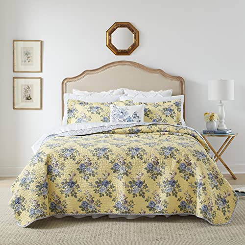 Laura Ashley - Queen Quilt Set, Reversible Cotton Bedding with Matching Shams, Lightweight Home Decor for All Seasons (Linley Yellow, Queen)
