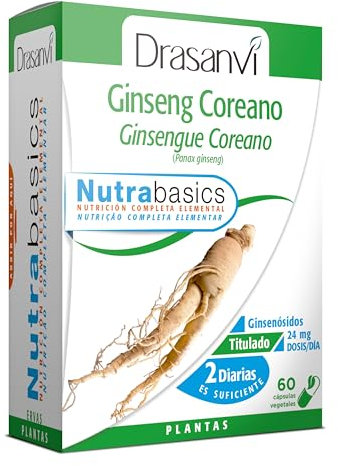 DRASANVI NUTRABASICS GINSENG COREANO - Ayuda a mantener la ENERGÍA, la VITALIDAD y el bienestar MENTAL - VEGANO - SIN GLUTEN - 60 cápsulas vegetales