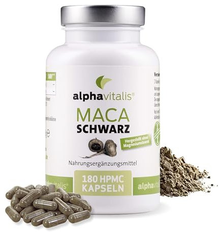 Maca Kapseln vegan - 180 Maca schwarz Kapseln - 8000 mg je Stk. als starker 20:1 Extrakt aus Lepidium meyenii - ohne Magnesiumstearat - 6 Monats Kur aus Premiumrohstoffen von alphavitalis