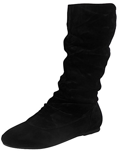 LoudLook Women’s Mid Calf Boots Pull-On Flat Heel Slouch Ruched Winter Shoes Lightweight Non-Slip Sole Comfortable Casual Indoor Outdoor Wear Sizes Bk 5