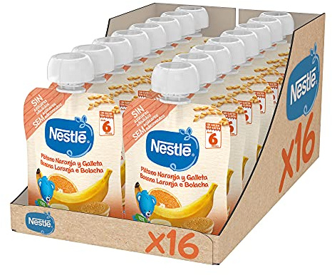 Nestlé Papillas Bolsita Puré Plátano Naranja Galleta, A Partir De Los 6 Meses, 90 G - Pack de 16 bolsitas 90g