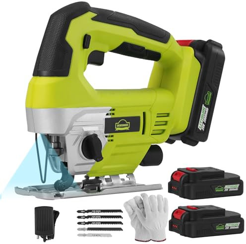 DEWINNER Sierra Caladora con Batería Recargable 20V,Cambio Rápido de Hoja 0-2400 spm, Ángulo de Inclinación de ± 45°, 2XBatería 2.0Ah y en Caja,para Madera, Metal, Plástico