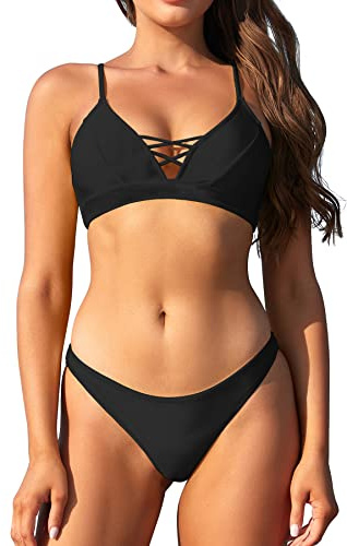 SHEKINI Donna Costume da Bagno Due Pezzi Halter V-Collo Regolabile Triangolo Bikini Top Costumi Due Pezzi Donna Vita Bassa Bikini Fondo Bikini da Spiaggia(L,Nero A)