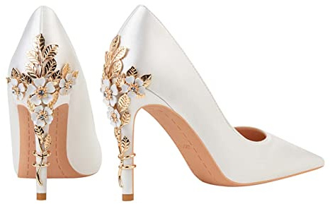 JOEupin Chaussures à talons hauts pour femme Bout pointu Satin Escarpins à talons aiguilles Robe de soirée de mariage pour femme, blanc, 38.5 EU