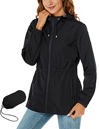 Rapbin Imperméable pour femmes, veste de pluie légère et pliable, avec capuche et poche, style trench-coat, Noir , 3XL