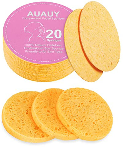 AUAUY Éponge Nettoyante CompressÉe, 20PCS Éponges Nettoyantes Quotidiennes en Cellulose 100% Pulpe de Bois Naturelle Éponge Nettoyante en Coton Masque Exfoliant DÉmaquillant (8MM/Beige)