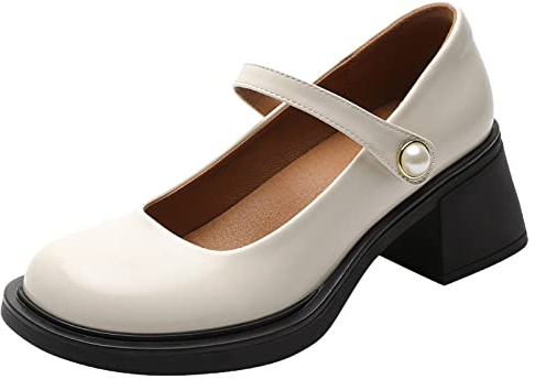 rismart Mujer Bombas con Correa Talón Grueso Plataforma Punta Cuadrada Vestir Zapatos Mary Jane para Fiesta Boda Blanco,39