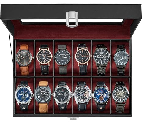 SONGMICS Watch Box, 12-Slot Watch Case Organizer with Large Glass Lid, Removable Pillows, Gift for Loved Ones, Black Synthetic Leather, Wine Red Lining UJWB120R01