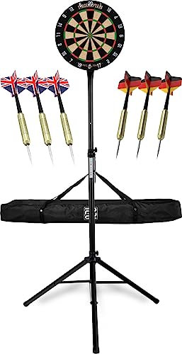 Stagecaptain DBS-1715C Bullseye Champion Dartscheibe Komplett Set - Profi Steeldartscheibe aus Sisal - höhenverstellbarer Dartständer in Schwarz mit Tasche - 6 Dartpfeile und 4 Sets Flights