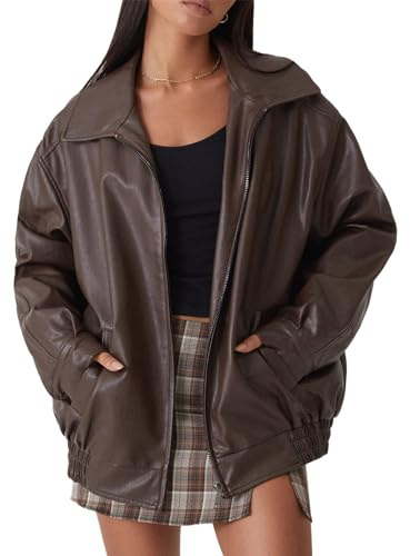 tinetill Veste cuir femme oversize longue veste simili cuir veste motard manteau cuir PU bomber veste outwear streetwear