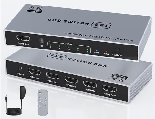 8K HDMI Switch 5 in 1 Out - 4K 120Hz 2.1 Umschalter Box Port Expander Selector Mit Remote-Unterstützung 3D/HDR/HDCP2.3/Dolby Vision, Kompatibel Mit PS 5/4 Xbox Switch DVD-Player TV