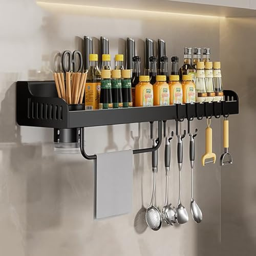 Hovoto Gewürzregal Wand, Gewürzregal Hängend ohne Bohren, Küchenregal Organizer für Gewürze, Küchenregal Wand mit Messerschlitz, 6 Haken, Becher, Messerhalter, Schwarz, 40cm