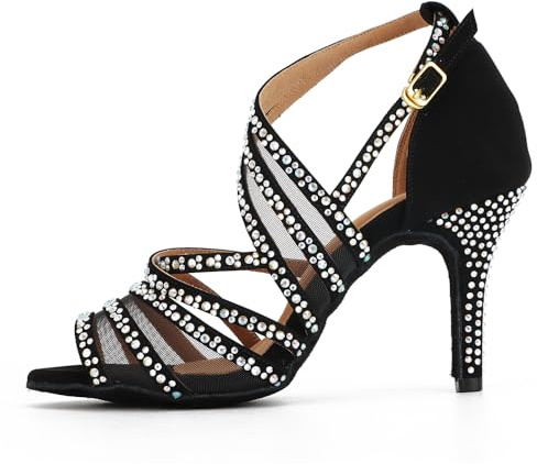 Taoyoule Zapatos de Baile Latino para Mujer Tacones de Baile de Salón con Purpurina para Salsa Sandalias de Samba con Diamantes de Imitación para Fiesta de Boda Tacón de 8.5cm