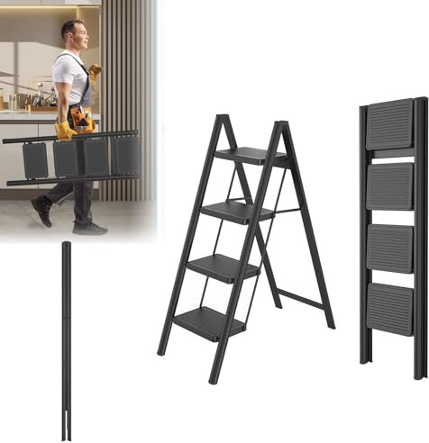 Lars360 Scaletta pieghevole a 4 gradini in acciaio, superficie in gomma antiscivolo, gradini più larghi, portata fino a 250 kg, per casa, ufficio, garage, nero