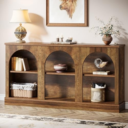 Tribesigns Mesa consola estilo granja, mesa de entrada de 63 pulgadas de largo con almacenamiento de 3 niveles, mesa rectangular de madera detrás del sofá para entrada, pasillo, sala de estar, marrón