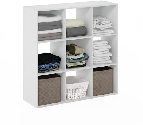 Furinno PELLI Wardrobe Storage Organiser, 9-Cube Open Shelves Clothes Storage, Open Back Clothing Closet Organiser, for Bedroom, Closet, White