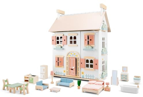 Woet® Wooden Dollhouse for Kids Age 3+ – Large Pretend Play House with 20-piece Furniture, Garden – Open-Ended Educational Toy – Role Play Doll House Gift for Boys and Girls