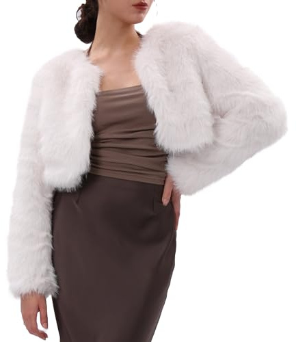 Amazhiyu Women Faux Fur Open Front Coat-Winter Long Sleeve Warm Crop Jacket White XXL