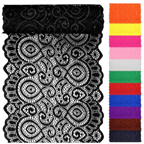 Swpeet Tessuto di pizzo elastico in pizzo nero, 4,6 m x 18 cm di larghezza, nastro di pizzo elastico per cucire indumenti, fasce per capelli, bouquet di nozze fai da te