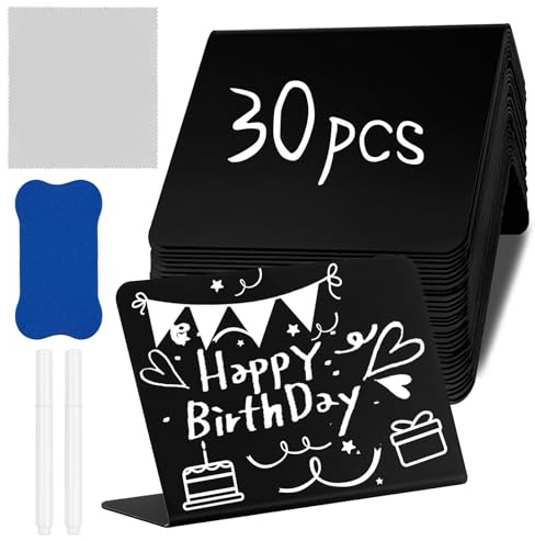 30Pcs Tabletop Mini Chalkboard Signs, 100x75mm Menu Food Signs Blackboard, Table Numbers Display Chalk Boards with Sponge Eraser Cleaning Rag 2 Pens, Small Black Chalk Boards for Party Weddings Buffet
