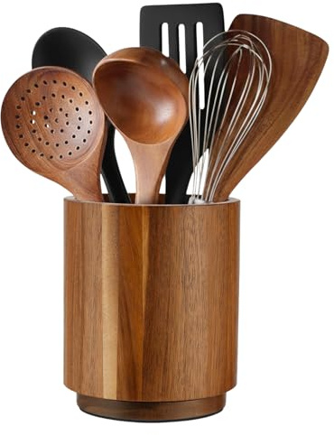 Linda's Essentials Acacia Wooden Utensil Holder for Kitchen Counter, 7.2 Wood Utensil Holder Counter, Kitchen Utensils Holder with 360° Rotation, Non-Slip Large Utensils Holders, Spatula Holders