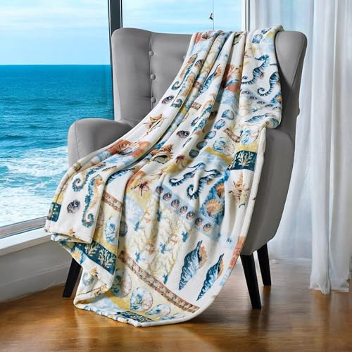 Ocean Life Coastal Throw Blanket: Soft Plush Velvet Fleece Calming Hues of Blues Greens Beige White Sealife, Seahorses Sand Dollar Accent with Shells and Coral, Oversized 50 x 70 (by The Coast)