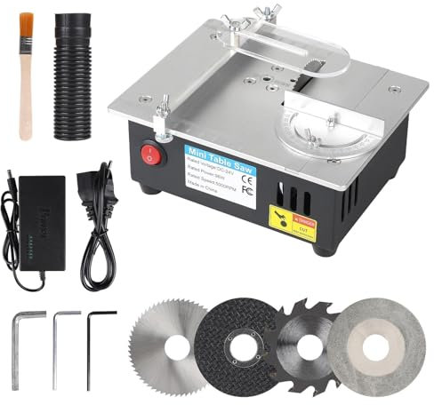 Mini scie circulaire de table avec 4 lames, 96 W, petite scie de table avec bloc d'alimentation à 7 vitesses, lame de scie réglable en hauteur de 0,1 à 15 mm, multifonctionnelle, scie de table de