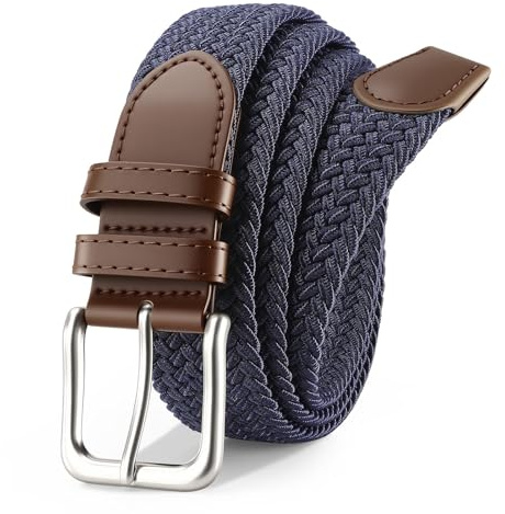 VONMELLI Mens Belt Elastic Belts for Men Stretch Braided Fabric Belts Casual Black Woven Golf Belt for Jeans Navy with coffee Buckle L