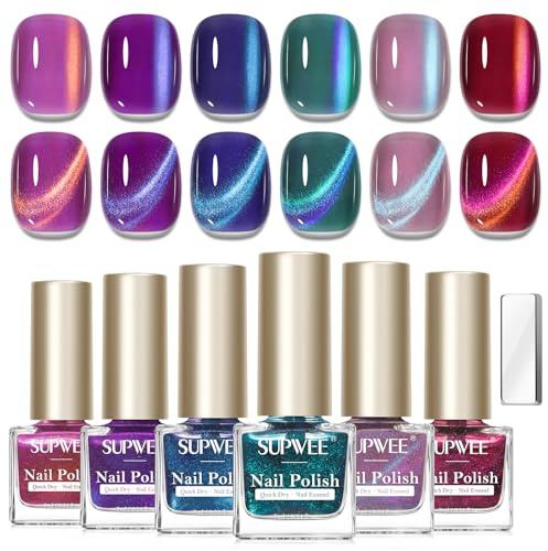 SUPWEE 6 Farben Nagellack Schnelltrocknend, 7ML Cat Eye Nagellack Ohne UV High Gloss Quick-Drying Oil Based Magnetischer Nail Polish für DIY & Heimgebrauch
