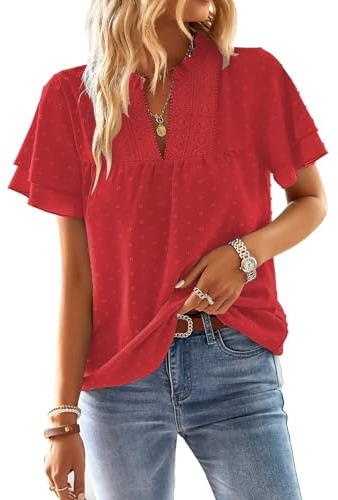TUUHAW Chemisiers et Blouses Femme à Manches Courtes d'Été Col en V Tunique | Bohème Fluide Chemise, Élégant Lâche Plissé Blouse, Volants Décontracté T Shirt, Uni Hauts, Dentelle Blouse, d'Affaires Top