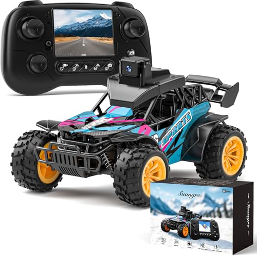 suangrc Camión RC con Cámara, Coche Teledirigido FPV 2.4GHz con Pantalla LCD 2.4, Vehículo Radio Control con Cámara Ajustable 45°, 2 Velocidades, Todo Terreno para Adultos y Niños Principiantes
