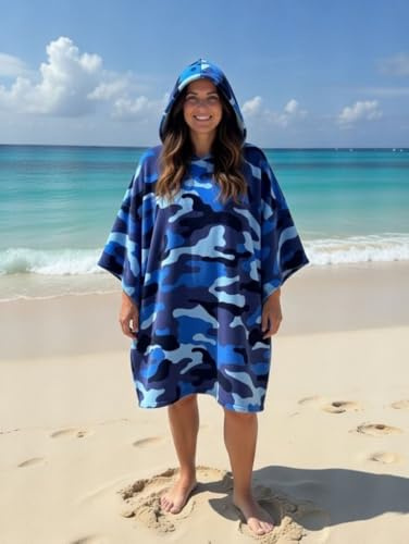 Style Spot Printed Unisex Sand Free Adult Bath Robe Surf Poncho Towel with hooded 100% Polyester Swim Towel for Men & Women Quick Dry Lightweight Beach Towel (Camouflage, Navy Blue)