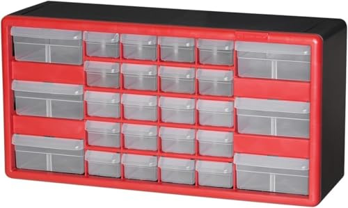 Akro-Mils 10126 26-Drawer Plastic Drawer Storage Cabinet for Garage Organization, Lego Storage, Teacher Toolbox, Makeup Organizer, and More, 50.8 cm W x 15.24 cm D x 25.4 cm H, Red