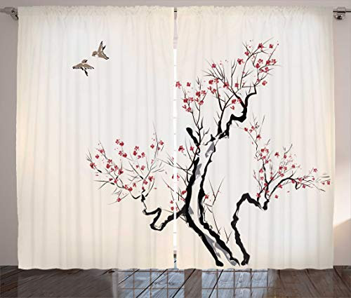 ABAKUHAUS Floral Rideaux, Classique Asiatique, Décoration Intérieure Accent Lot de 2 Panneaux, 280 x 225 cm, Blanc Gris