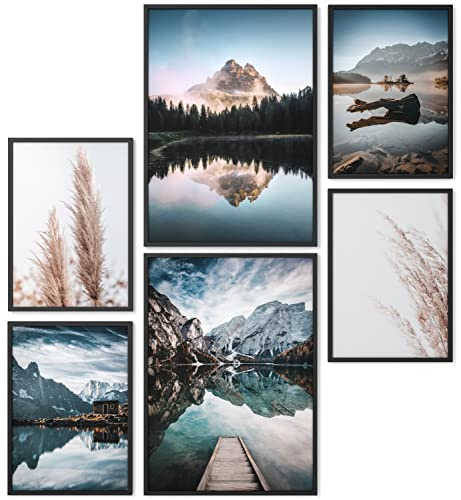 Papierschmiede® Mood Poster Set Mountain View, Bilder Wohnzimmer Deko Schlafzimmer, 2x DIN A4 und 4x DIN A5, Berg Wald See Pampas Gras - Wandposter ohne Rahmen
