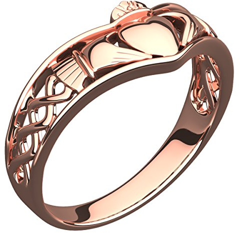 GWG Jewellery Anillo de Claddagh Chapado en Oro Rosa 18K Dos Manos Que Rodean Corazón con Corona y Nudo Celta de Diseño Semi-Cubierto - 5 en Caja de Regalo para Mujeres