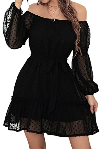 BebreezChic Kleid Damen Elegant Langarm Off Shoulder Einfarbig Swiss Dot Luftig Sommerkleid Minikleider Partykleid Strandkleid mit Gürtel, Schwarz M