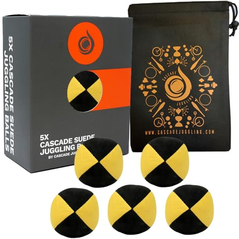 5 x Pro 110g Cascade Suede Juggling Balls - Quality Thud Juggling Balls & Bag - Set of 5 Juggling Balls (Yellow and Black)