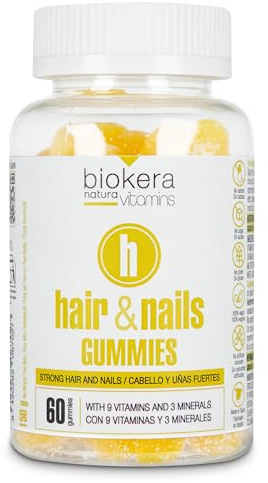 SALERM - Hair & Nails Gummies - Bote de 60 Gominolas - Biokera Natura Vitamins - Gominolas para el Pelo y Uñas - con 9 Vitaminas y 3 Minerales - Sin Lactosa - Sin Gluten - Sabor Plátano