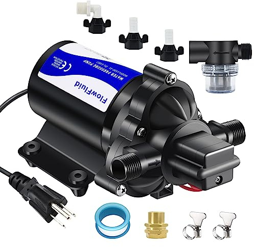 FlowFluid Water Pressure Booster Diaphragm Pump 110V AC for House,45PSI 4GPM Fresh Water Transfer Pump with Plug,On Demand Self-Priming Water Pump with Filter for RV Bathroom Kitchen Irrigation Spray