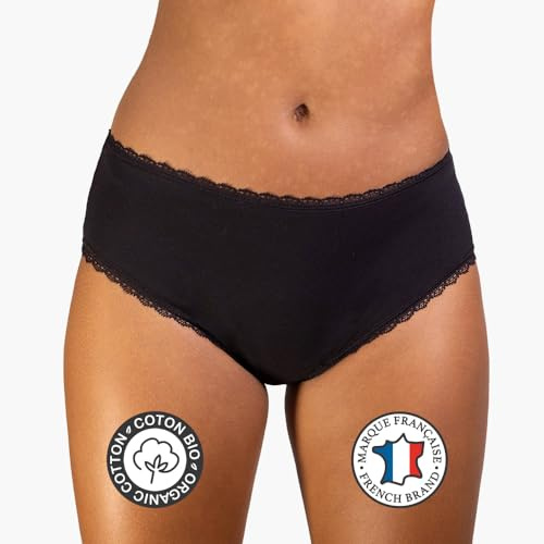 REJEANNE Shorty Culotte Menstruelle Flux abondant (3-4 tampons) - Élégante avec de la Dentelle, Haute qualité, Marque française - Coton Bio