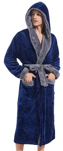 Inner Wish Mens Hooded Robe, Plush Long Bath robes Cozy Warm Bathrobe Fuzzy male Spa Robe With Pockets,NAVY BLUE+DARK GREY, L/XL